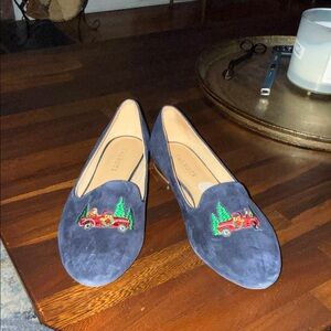 Talbots Navy Suede Loafers with Festive Embroidered Truck